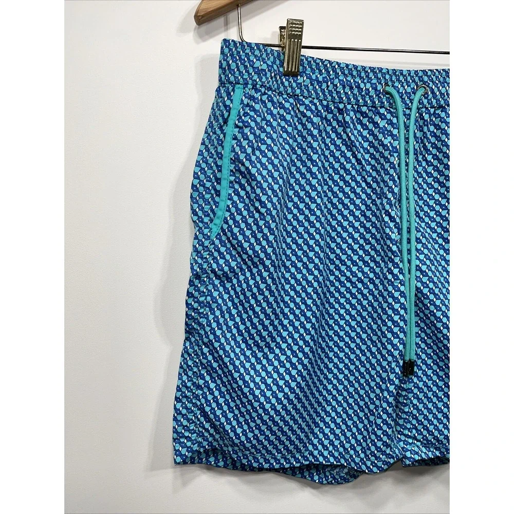 Mr. Swim Men's Large 100% Nylon Blue/Turquoise 3D Boxes Swim Beach Board Shorts